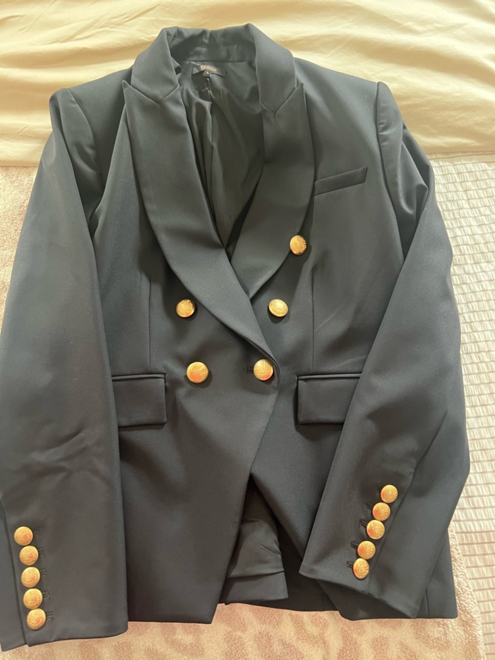 Quince Black Double-Breasted Blazer with Gold Buttons